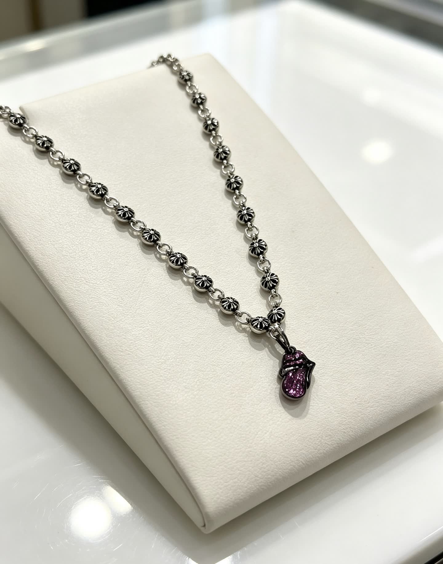 Chrome Hearts Silver Flower Chain with Pink Crystal Butterfly Pendant